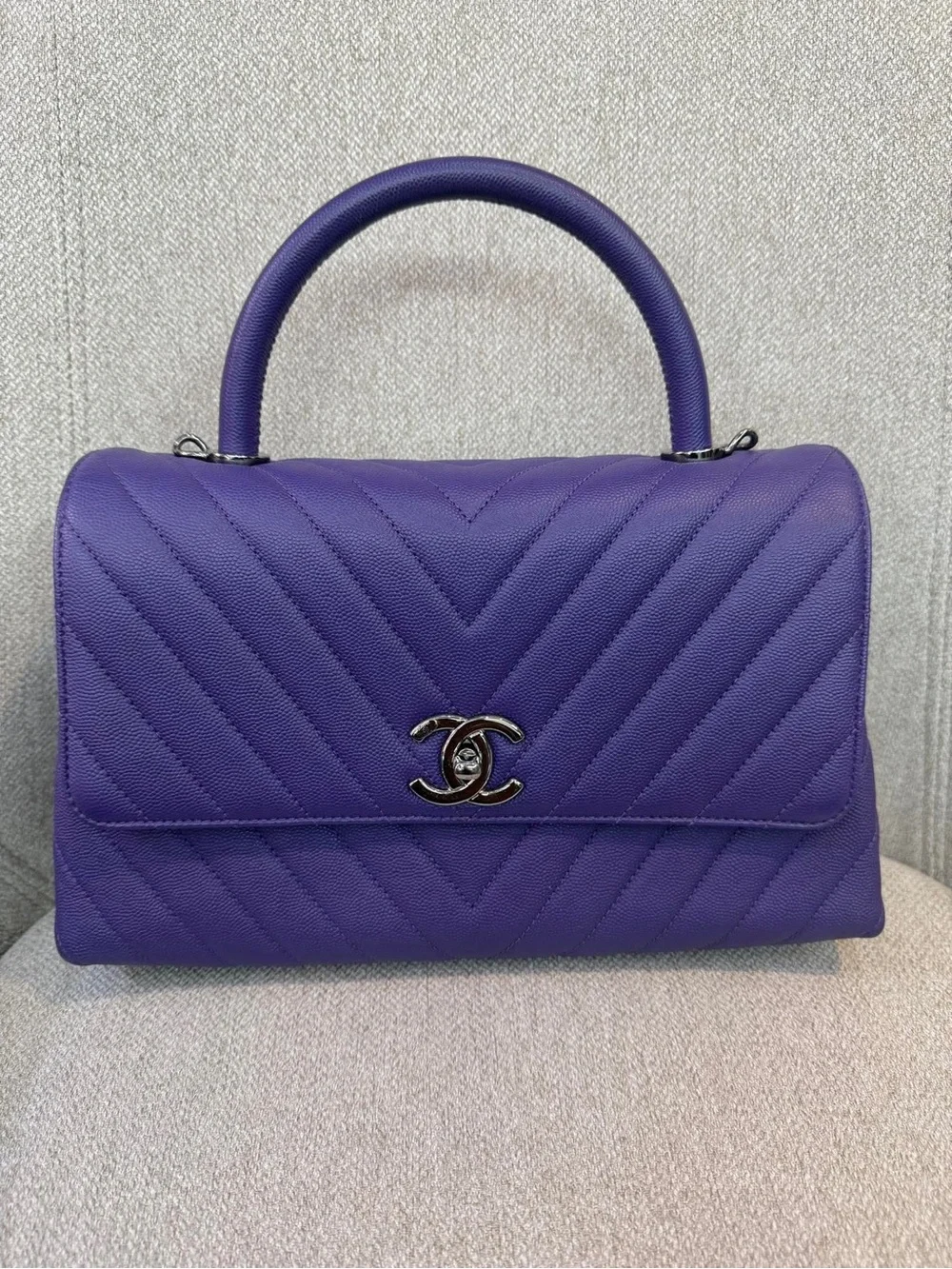 CHANEL Purple Chevron Top Handle Satchel with Silver Hardware